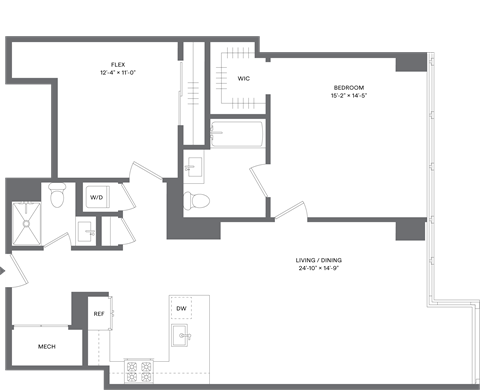 Floor plan for 1 bed, 2 baths, 1150 sqft